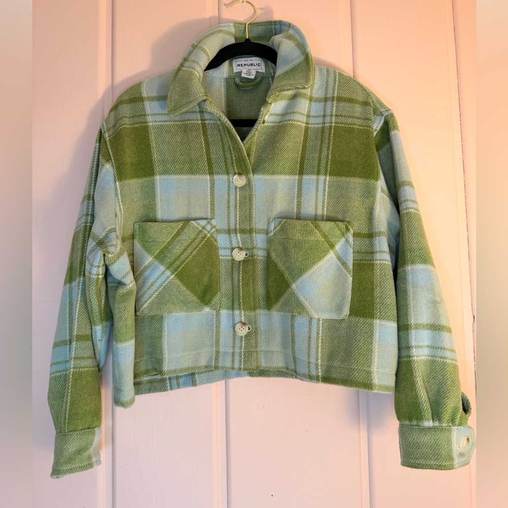 For The Republic Olive and Light Blue Plaid Jacket